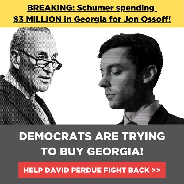 Antisemitic campaign ad used by Sen. David Perdue during 2020 Senatorial election. The image includes Majority Leader Chuck Schumer, who is Jewish, alongside an altered image of Jon Ossoff, who is also Jewish. Ossoff's nose is elongated. The ad reads, "Democrats trying to buy America," a longtime antisemitic trope claiming Jewish conspiracy.