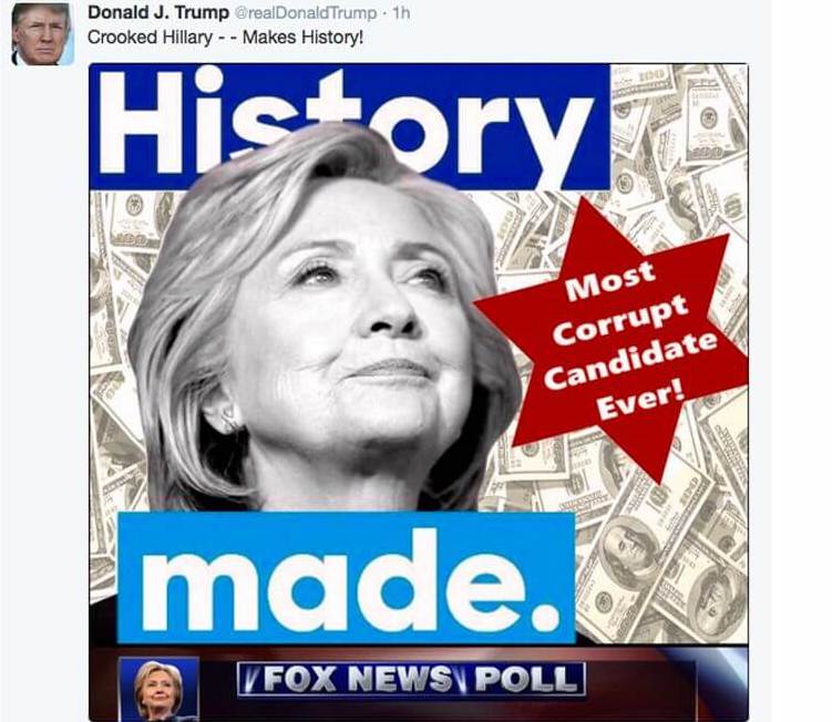 Antisemitic anti-Hillary ad used by Donald J Trump for President via Trump's personal Twitter account in 2016. The ad includes a Star of David outline with Hillary Clinton's headshot over a mess of $100 bills. The ad reads, "Most Corrupt Candidate Ever!"