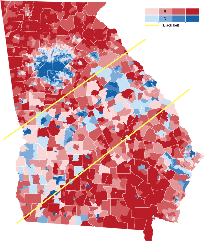 Georgia 2020 presidential election turnout by county precinct. Counties designated in between the yellow lines represent Georgia's predominantly black communities and is referred to by demographers as the black beltway, or black belt, of Georgia. 